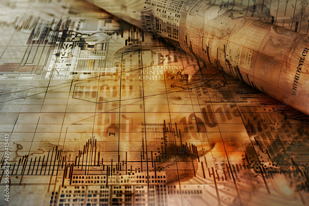 Poster abstract representation of financial data with charts and graphs on aged paper background