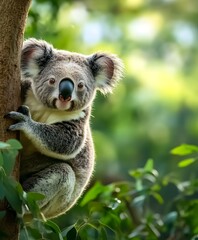 Fototapeta premium Koala clinging to a eucalyptus tree in a dense Australian forest.