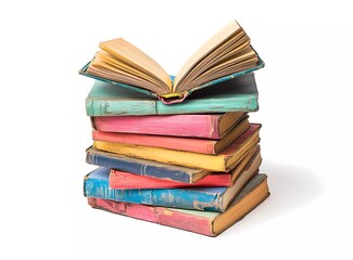 Pile of colorful books with an open book on top, isolated on a white background. 