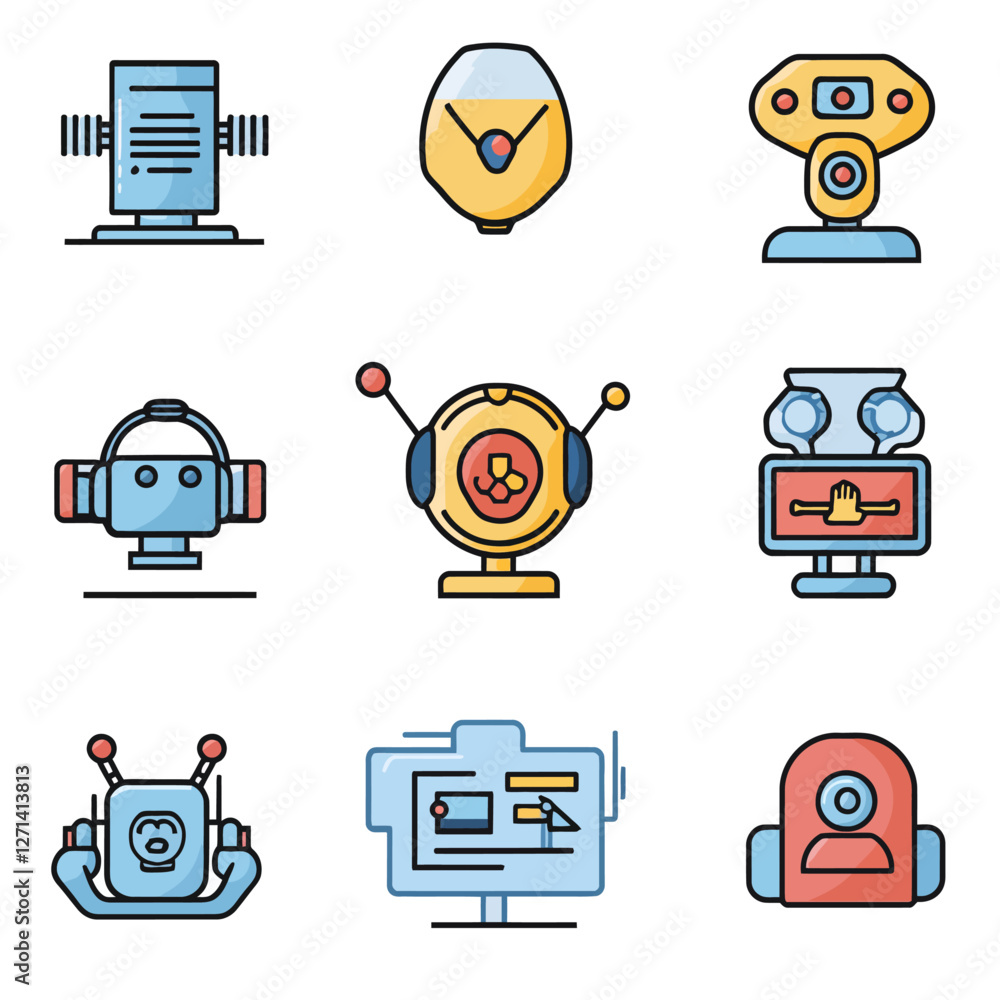 Poster set of robot icons embodying technology, automation, and artificial intelligence