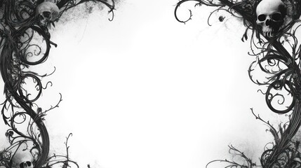 Gothic skull vine border, white background, grunge texture, design template