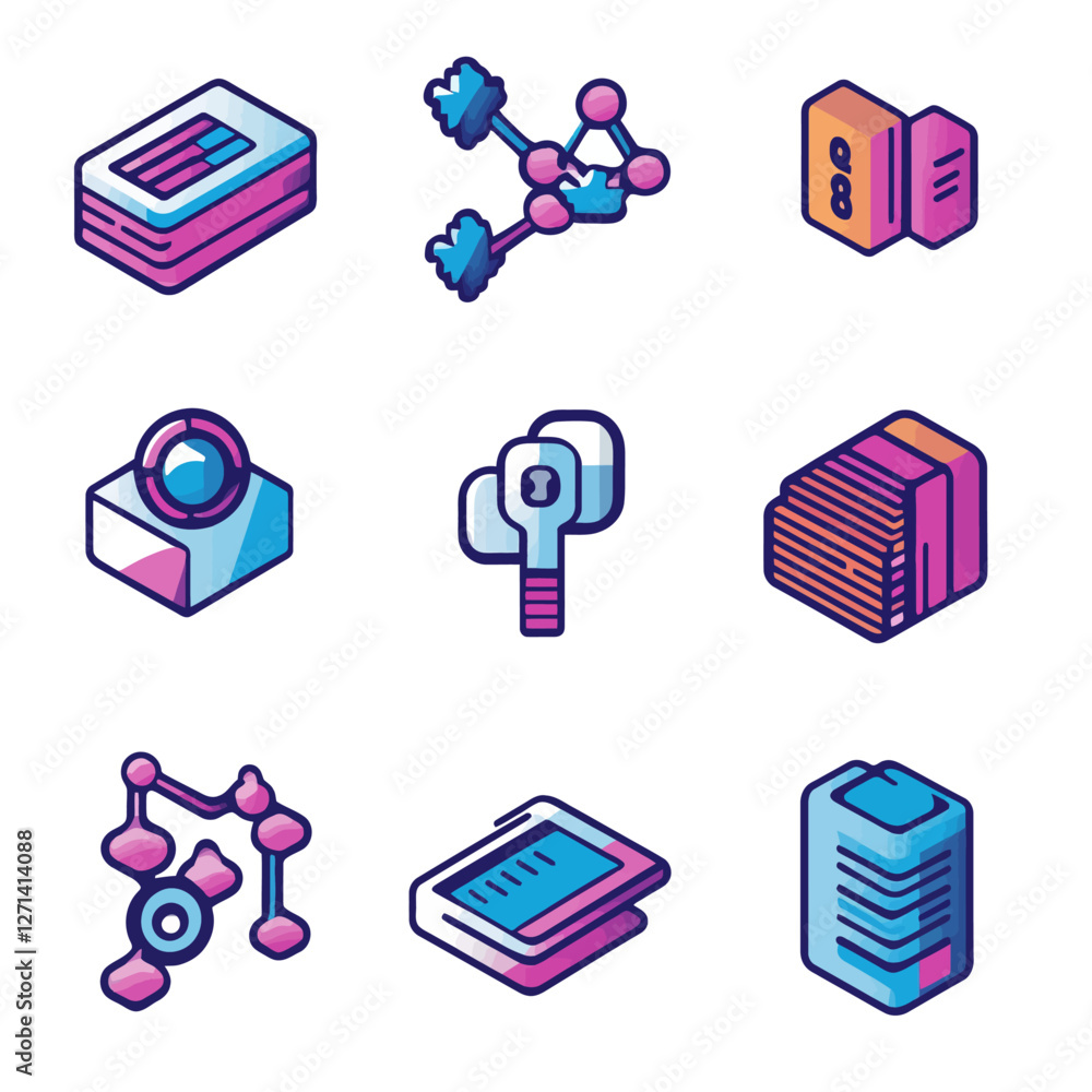 Poster abstract isometric data and network icons for digital technology design