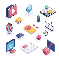 Isometric flat lay office technology icons: business workflow elements