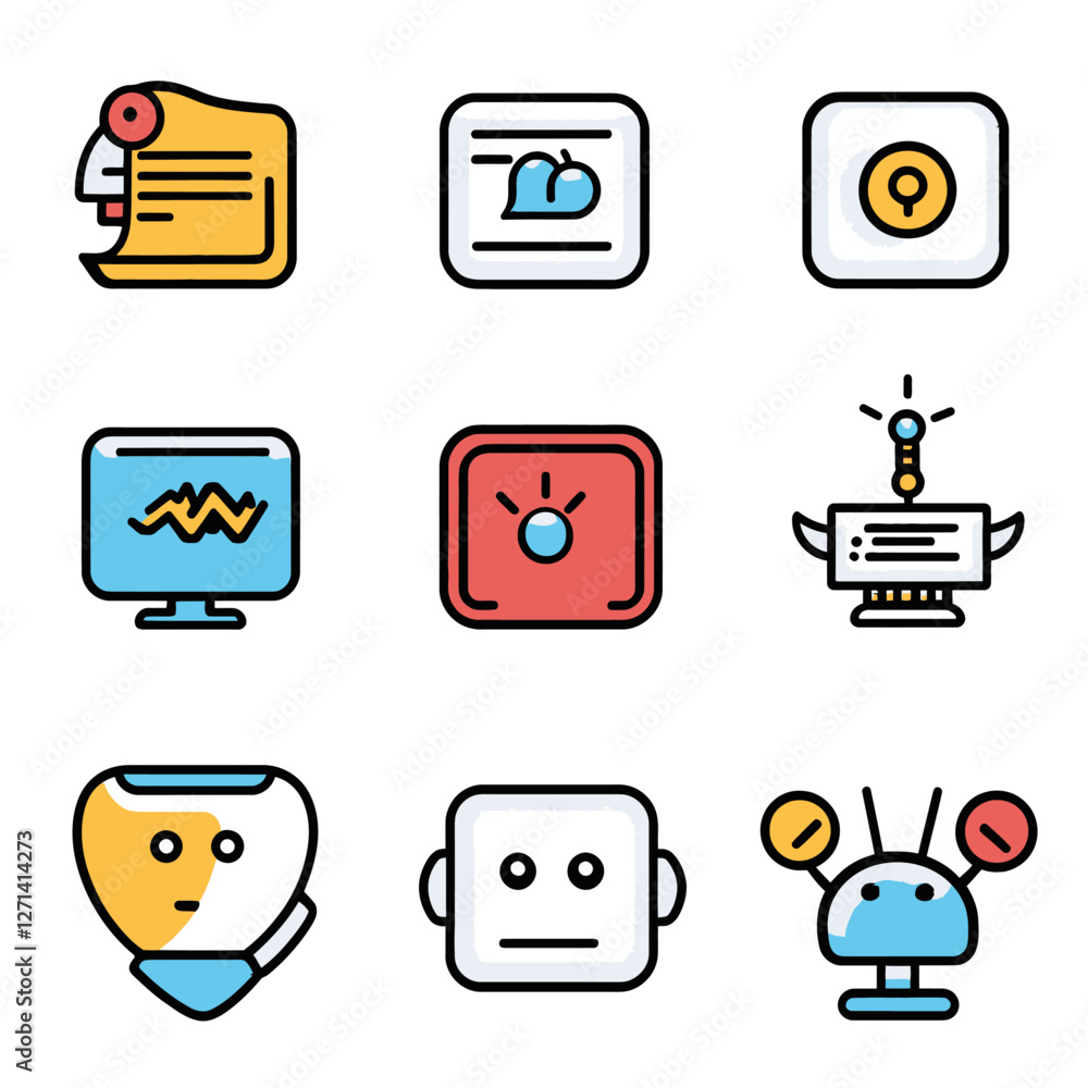 Poster ai robotics tech icon set | robot faces, document, brainwave monitor graphic