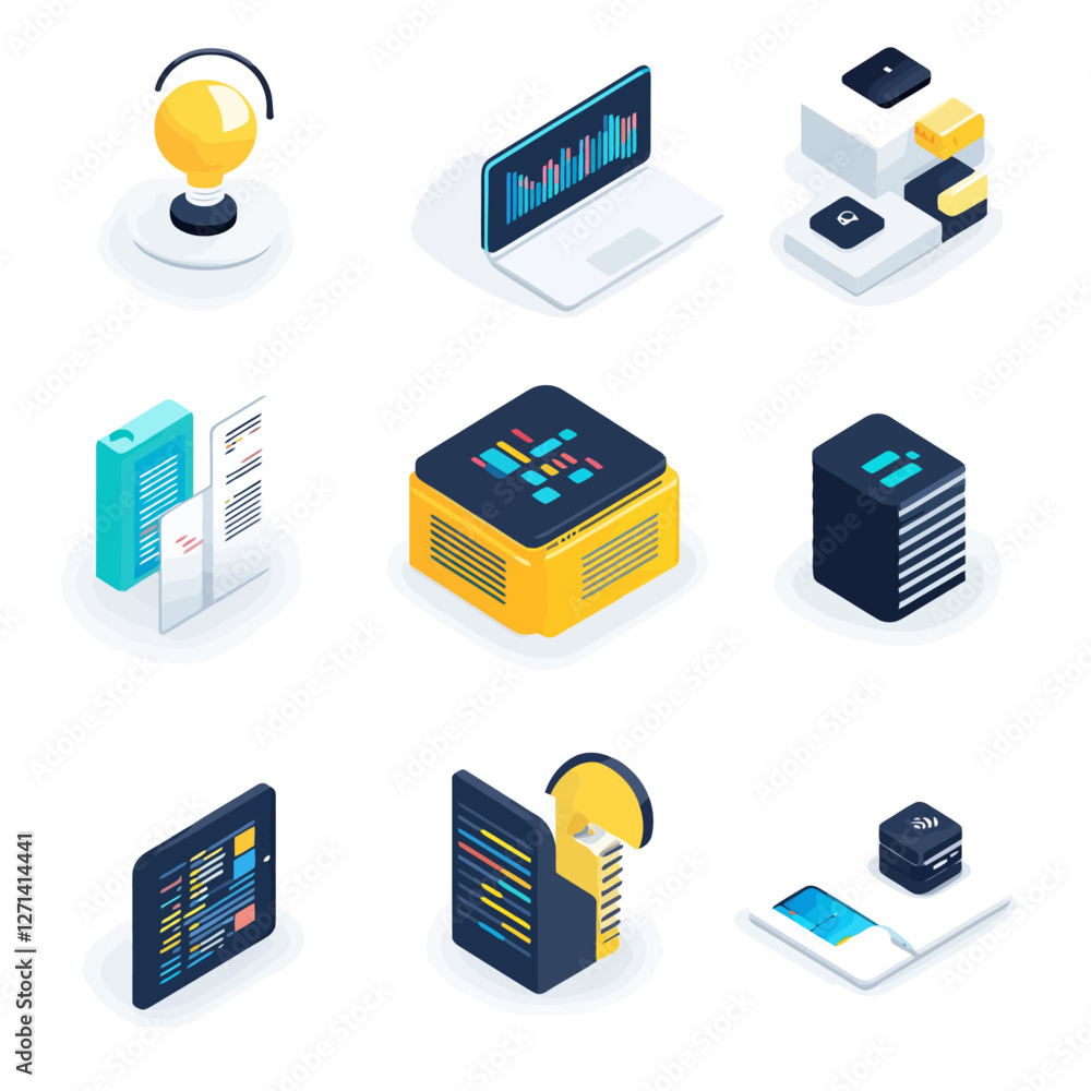 Poster isometric technology icons: data analytics, cloud computing, artificial intel.