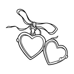 a black and white drawing of a heart shaped locket pendant with decorative ribbon