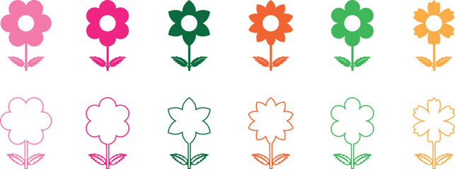 Set of colorful flowers, flower icon set, vector shapes. stickers, logo, icon, font, floral print, plush toy, doll, cartoon, kids, Set floral of wildflower, leaf branch, foliage on white background.