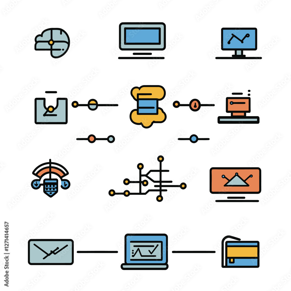 Poster network of digital data flow with cloud server and machine learning