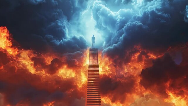 Stairway ascending through fiery clouds into divine light. Symbolic journey between heaven and hell. Mysterious journey on fiery stairway to the heavens with dramatic clouds