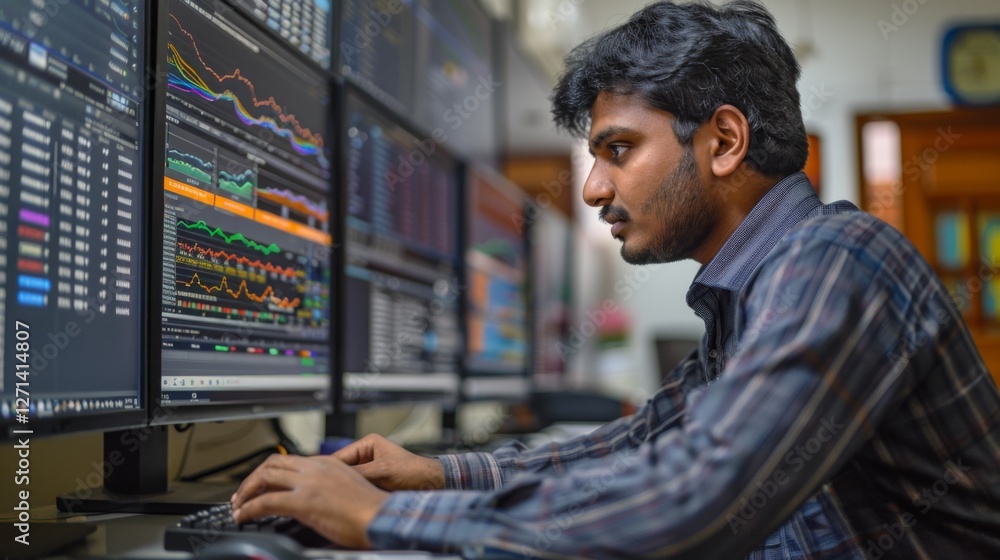 Poster A man focuses intently on stock market graphs and data presented on several computer monitors while working in a contemporary office environment at dusk