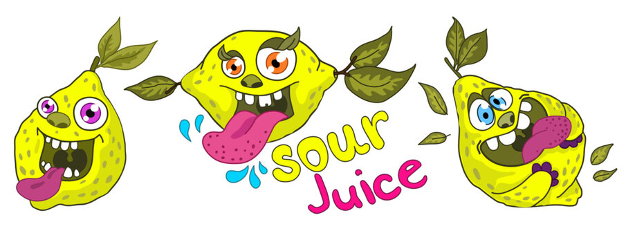 Cheerful sour lemons. Vector illustration. Comic Lemons monsters. character cartoon art. sour faces