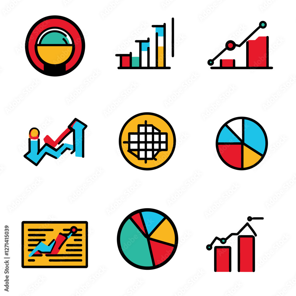 Poster colorful chart and graph icons representing data analysis and statistics