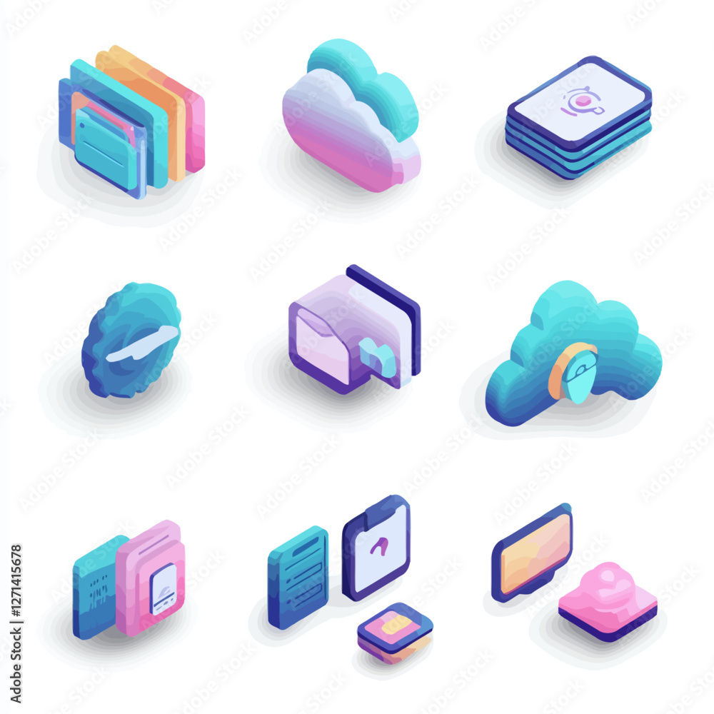 Poster isometric cloud computing data storage technology with neon color scheme