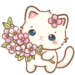 kawaii white cat is holding a sakura bouquet
Hand drawn illustration cherry blossoms Sakura pastel color isolated on transparent background,  nursery decorations, spring
