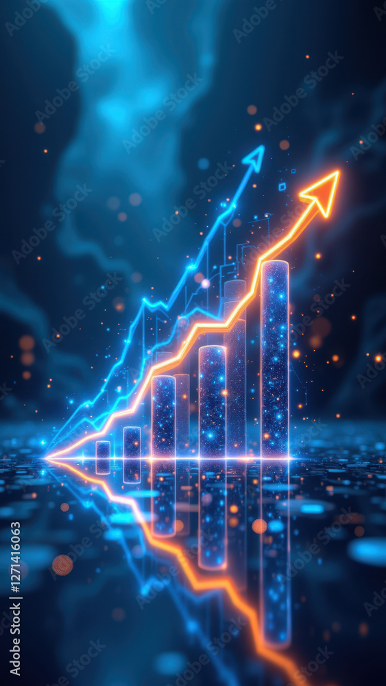 Poster futuristic financial data graph soaring upwards with glowing particles for business success and prog