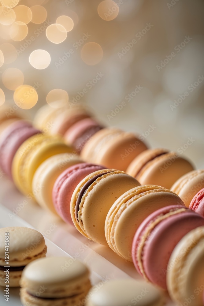 Poster delightful assortment of macarons displayed with soft bokeh lighting in an elegant setting