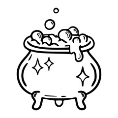 a black and white drawing of a cartoon cauldron, for design element