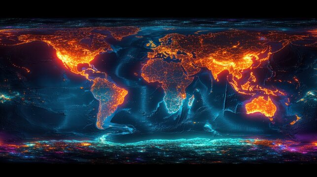 Global Network, fiery data streams, night, Earth, digital map