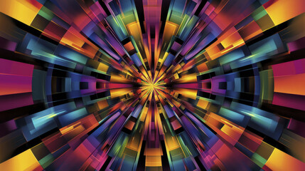 Colorful geometric pattern with dynamic symmetry and bold colors creates vibrant visual experience. design features radial burst of shapes and hues, evoking energy and movement
