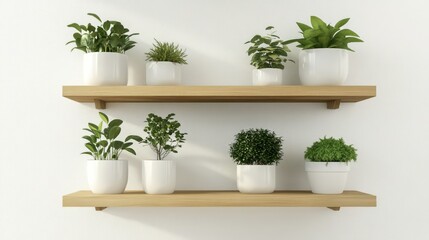 Wooden shelves with plants in white pots on a light background, 3D rendering mock-up, close-up.