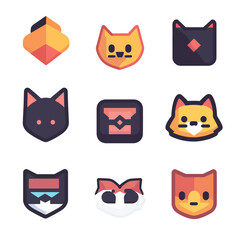 Nine colorful modern cat head icons, creative shapes, and game design