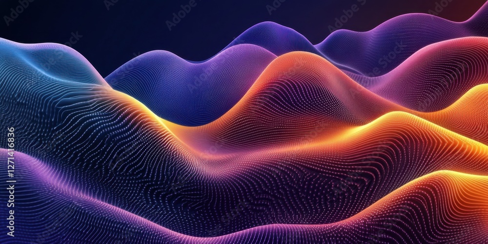 Poster abstract colorful digital landscape: vibrant waves of data points and flowing lines