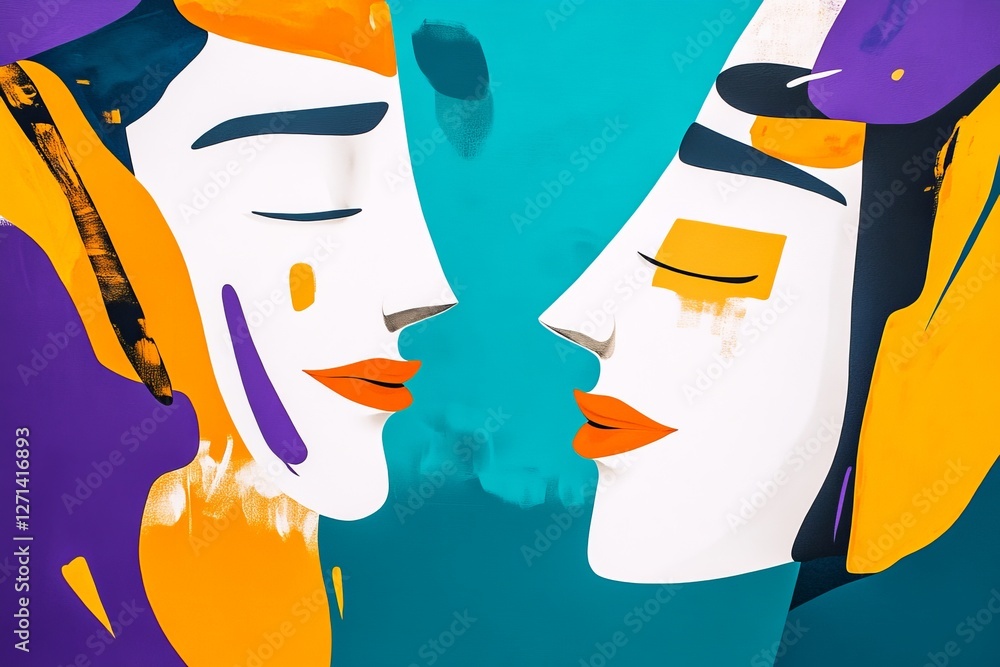 Poster colorful abstract depiction of two faces in profile creating a sense of connection and intimacy in m