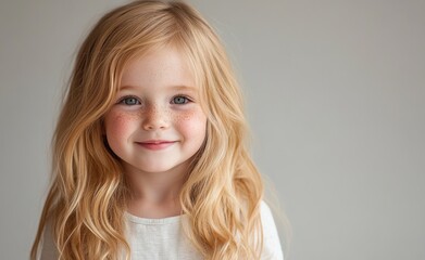 A young blonde child with long hair smiles gently, wearing a white shirt, against a neutral light background. The child’s soft expression and natural look create a warm, calm atmosphere.