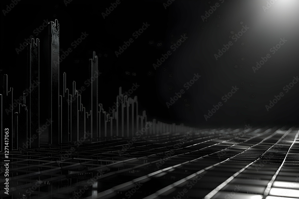 Poster abstract representation of a digital landscape with dark tones and illuminated peaks in the backgrou