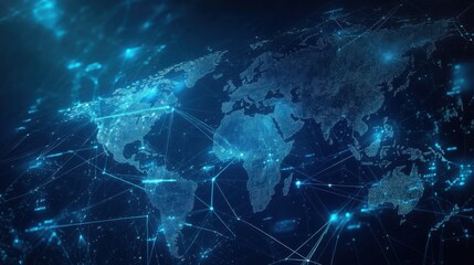 Blockchain technology futuristic hud background with world map and blockchain peer to peer network. Global cryptocurrency blockchain business banner concept.