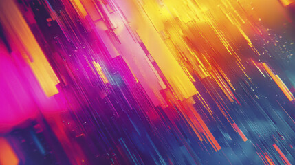 Colorful abstract design with vibrant hues and distorted lines creating futuristic feel. interplay of pink, orange, and blue evokes sense of dynamic movement and energy