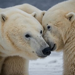 A polar bear nuzzling its cub lovingly.