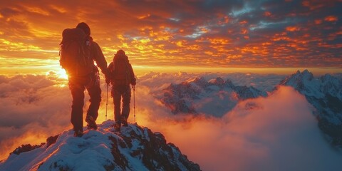hikers silhouetted at a mountain summit during sunset, making it perfect for outdoor campaigns promoting teamwork and accomplishment.
