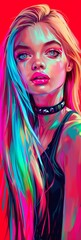 Naklejka premium A striking portrait of a woman with long blue hair, illuminated by dramatic red and blue lighting. Her calm expression and detailed features evoke a futuristic and bold aesthetic.