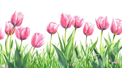 Fototapeta premium Watercolor pink tulips spring flowers in the grass background with empty space for text.