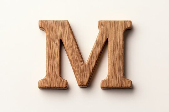 Wooden letter m on light background: rustic alphabet art