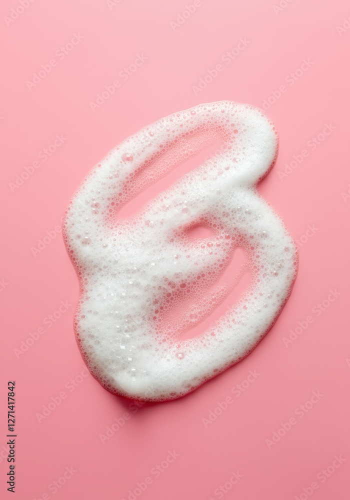 Poster frothy white foam swirling dynamically against vivid pink surface, generating textured abstract patt