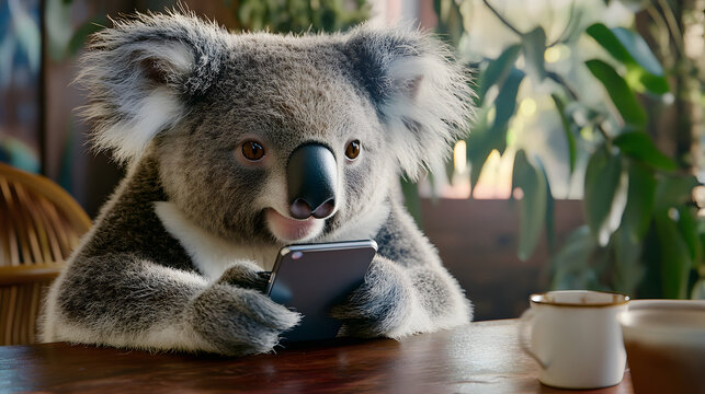 A koala is sitting at a table with a cell phone in its paw