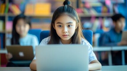A Focused Young Student Engages in Online Learning with Peers