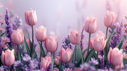 A vibrant garden filled with pink tulips and purple flowers under a soft, dreamy light
