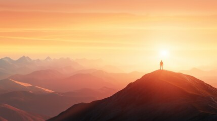 Silhouette of hiker at mountain summit during sunrise capturing adventure and achievement