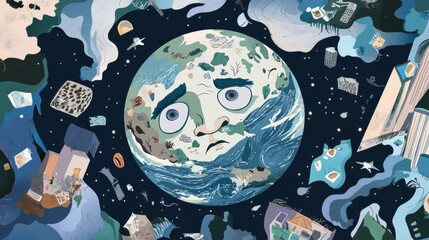Illustrated Concept of a Sad Earth Surrounded by Floating Trash in Space