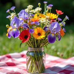 Fototapeta premium Colorful wildflower bouquet in glass jar on picnic table.
