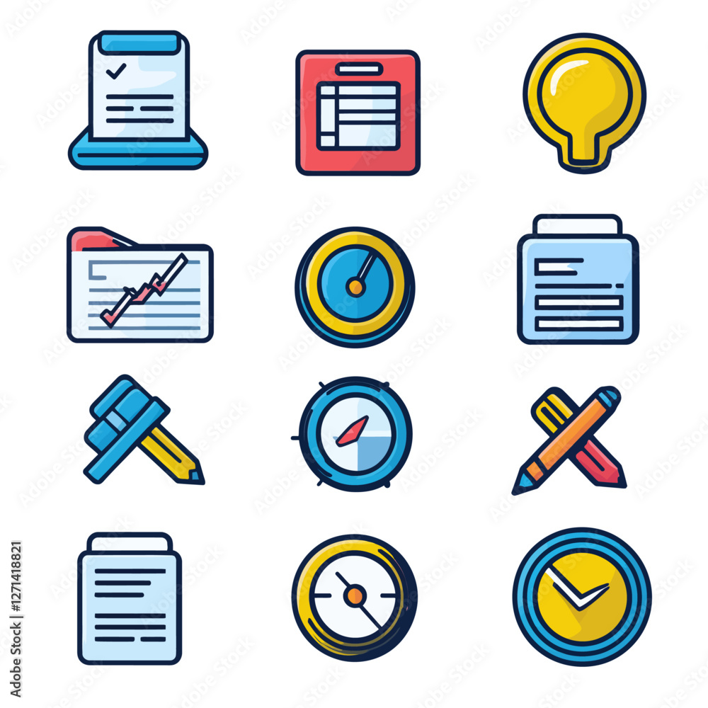 Poster vector icon set displaying time management, planning and productivity tools