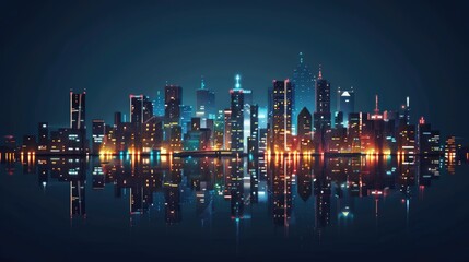 Futuristic cityscape reflected in serene waters under twilight ambience