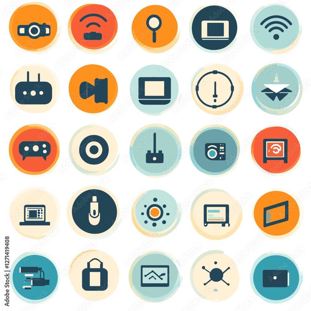 Poster internet of things vector icons set on round badges for digital use