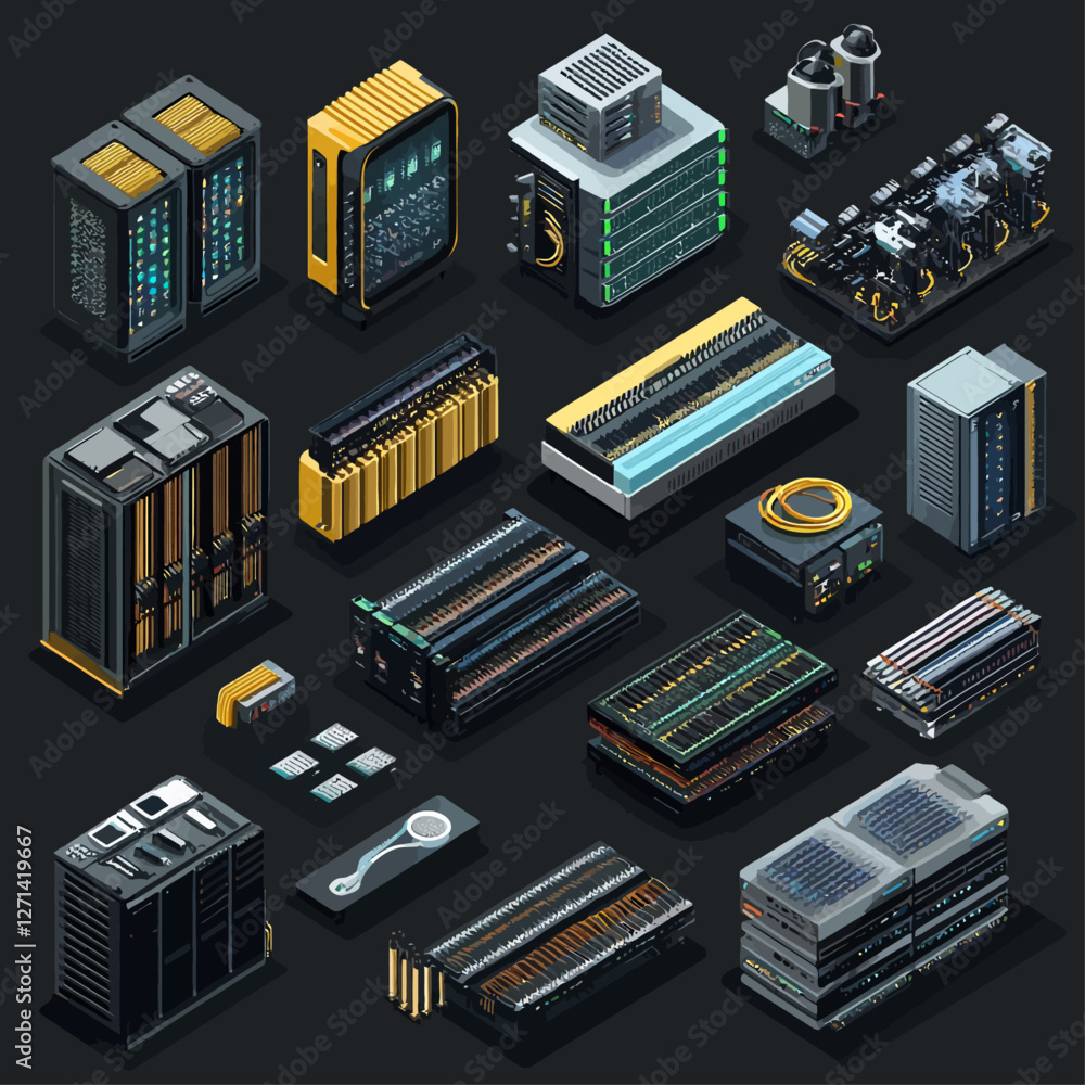 Poster isometric view shows data servers, network infrastructure, computer hardware