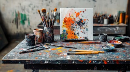 A vibrant artist's workspace with paintbrushes, paint splatters, and a colorful canvas reflecting creative expression.