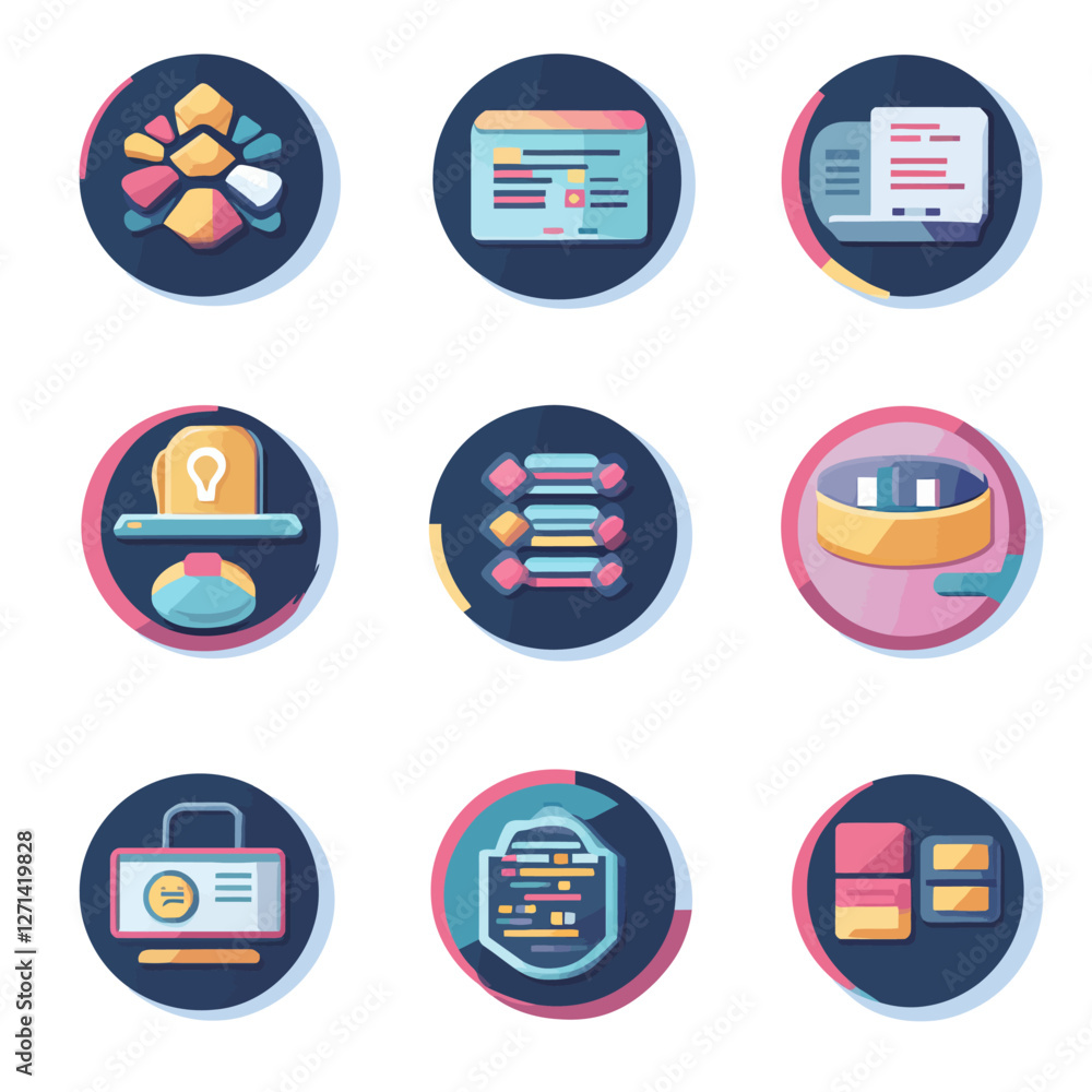 Poster digital round icons representing technology and programming concepts
