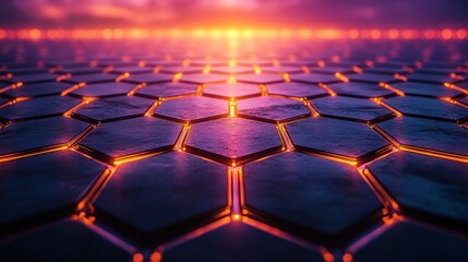 Obraz premium Glowing Hexagon Floor, Sunset Background, Tech Concept